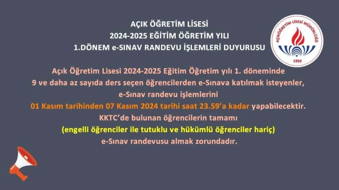 AÇIK ÖĞRETİM LİSESİ 2024 2025 EĞİTİM ÖĞRETİM YILI 1.DÖNEM e-SINAV İŞLEMLERİ DUYURUSU